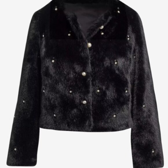 Boston Proper Pearl Embellished Faux Fur Collarless Chubby NWOT - Picture 2 of 3